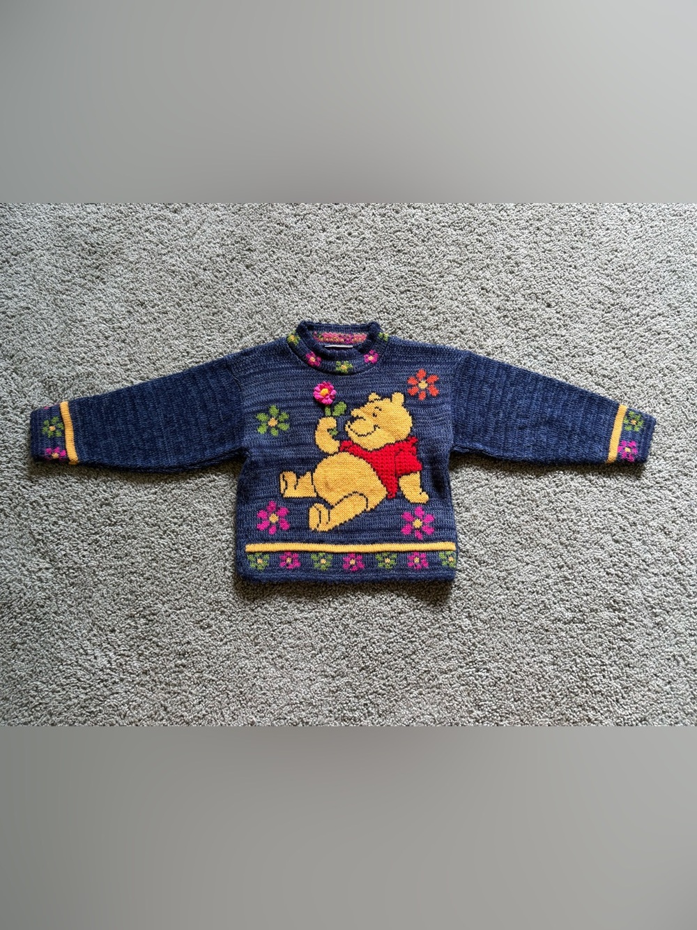 Vintage Disney Winnie The Pooh Pullover Knit Sweater Size 3T Flowers Made In USA